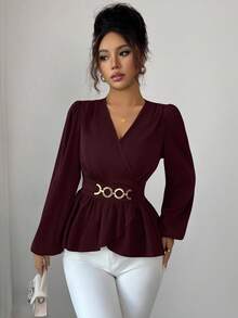 Elenzga Women's Satin V-Neck Cinched Waist Round Ring Decor Long Sleeve Blouse, Elegant & Sophisticated,Fall Women Clothes,Autumn Clothes ,Winter Outfit For Women ,School Clothes,Concert Tops,Christmas,Business Casual Woman ,Teacher Outfits For Women,Going Out Tops,Casual.