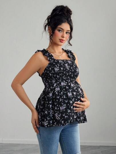 Momance Camiseta sin mangas de maternidad con volantes en los tirantes, de tiras anchas con lazos delanteros y traseros, en corte evasé