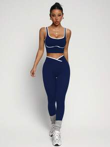 Dewbera 女士瑜伽拼色无缝运动套装 - 藏蓝色 - 查看 4