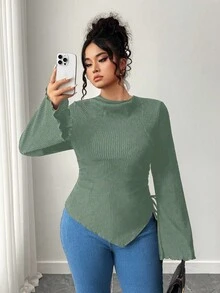 Elenzga Kaos Wanita Ukuran Besar Kasual Warna Polos Lengan Panjang Pas Badan - Mint Green - View 3