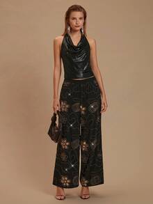 Glamine Quần thời trang đính đá Rhinestone dành cho nữ - màu đen - Xem 3