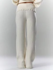 MUSERA Rib Knit Crochet Detail Foldover Waistband Wide Leg Trousers Co-Ord Bottom Only Fall Autumn Cosy Cute Casual Coffee Club Elegant Evening Party  Spring - Cream - View 4