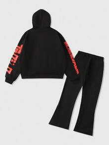 ROMWE MEN Black Jack X ROMWE Conjunto de sudadera con capucha y pantalones holgados con gráfico de eslogan para hombres en otoño - Negro - Ver 2