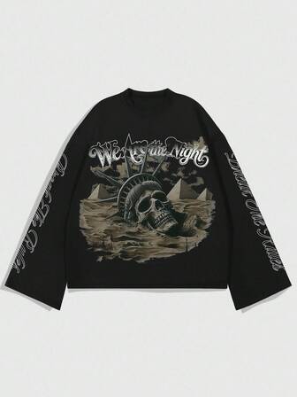 Street Life Maglietta casual da uomo a girocollo, manica lunga, con grafica teschio, vestibilità ampia