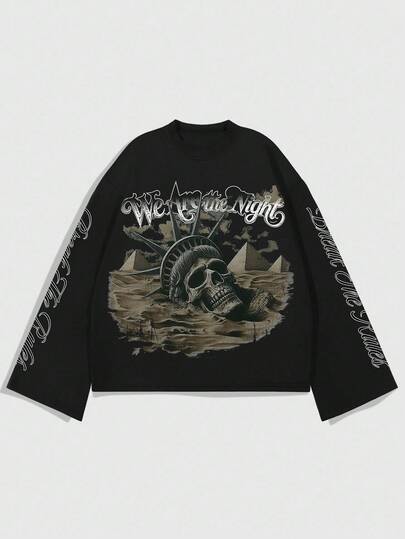 Street Life Men's Crew Neck Long Sleeve Casual Creative Skull Graphic Loose Fit T-Shirt