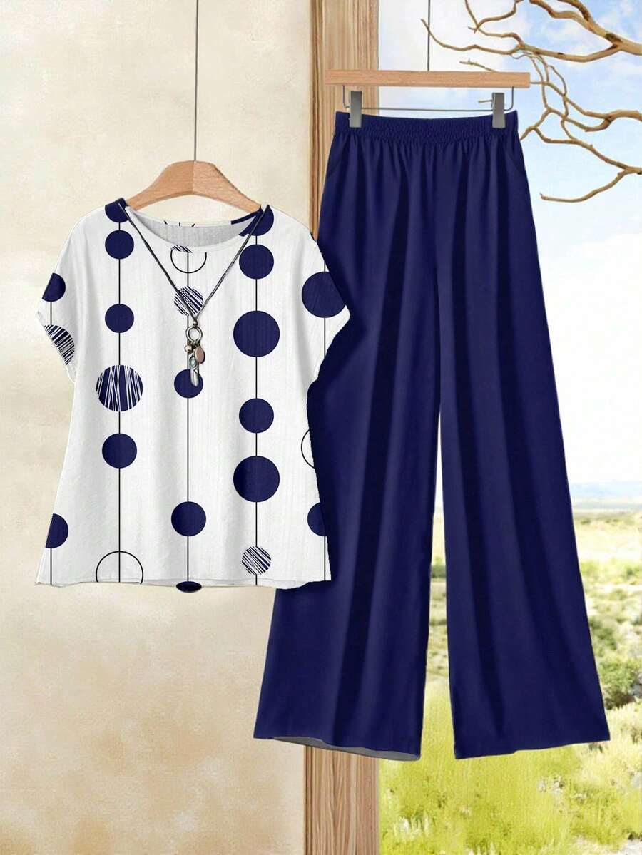 Rusticease 2pcs Women Spring/Summer Casual Polka Dot Print Blouse And Pants Set Suitable For Going Out Fall Clothes - Multicolor - View 1