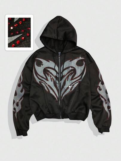 Street Life Sudadera casual con capucha, cremallera y manga larga con estampado de llama para hombre en otoño