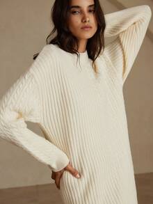 Aveloria Vestido de suéter de cuello redondo de punto suelto de manga larga, estilo de viaje - Blanco - Ver 2