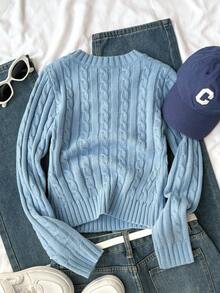 SHEIN Genkimix Kids 少女骑士图案麻花V领长袖休闲毛衣，秋冬 - 淺藍色 - 查看 2