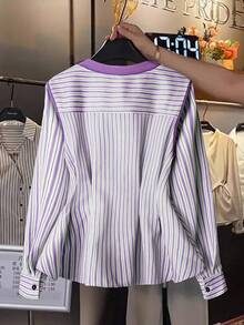 SHEIN LUNE French Minimalist Fashion Daily Long Sleeve Round Neck Fitted Contrast Blue Striped Women Shirt - Purple - View 2