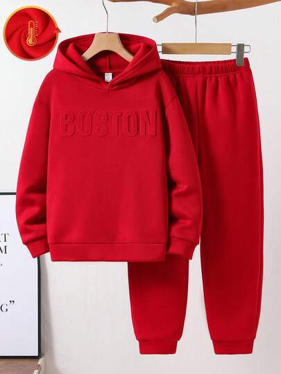 2pcs Kids/Tween Boys' Casual Letter Embossed Hoodie Sweatshirt And Relaxed Solid Color Knit Pants Set, Suitable For Commuting, School, Casual, Travel, Sports, Spring/Summer/Autumn/Winter,Christmas Red, Boys Autumn Winter Casual Two Piece Set, Red Kids Outfit, Red Sets Boys, Boys Sweatshirt Suit,Winter Clothing,Winter Clothing,Fall Clothing,All Clothes For Kids,Ensemble Hiver,Winter Clothing,Fall Outfits,Fall Clothing,All Clothes For Kids,Christmas Red