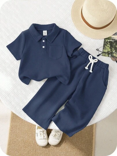 SHEIN 2 件装男婴马球领短袖半襟上衣和休闲长裤套装