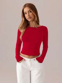 SHEIN SXY Áo đen; Áo thun nữ hở lưng buộc dây gợi cảm tương phản; Áo thun nữ cổ tròn tay dài màu đen trơn dáng ôm, thích hợp cho hẹn hò, trẻ trung và gợi cảm, đi chơi hàng ngày, trang phục mùa thu, trang phục hẹn hò du lịch hàng ngày; trang phục công sở đi chơi hàng ngày - Đỏ - Xem 4