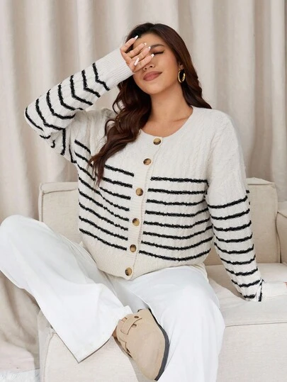 Auralis Plus Size Striped Print Round Neck Button Front Long Sleeve Cardigan Autumn Winter Clothes For Women