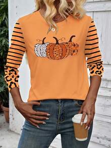 EMERY ROSE Pumpkin Leopard Print Loose Fit Casual Mid-Length Round Neck Drop Shoulder Short Sleeve T-Shirt For Women - White - View 1