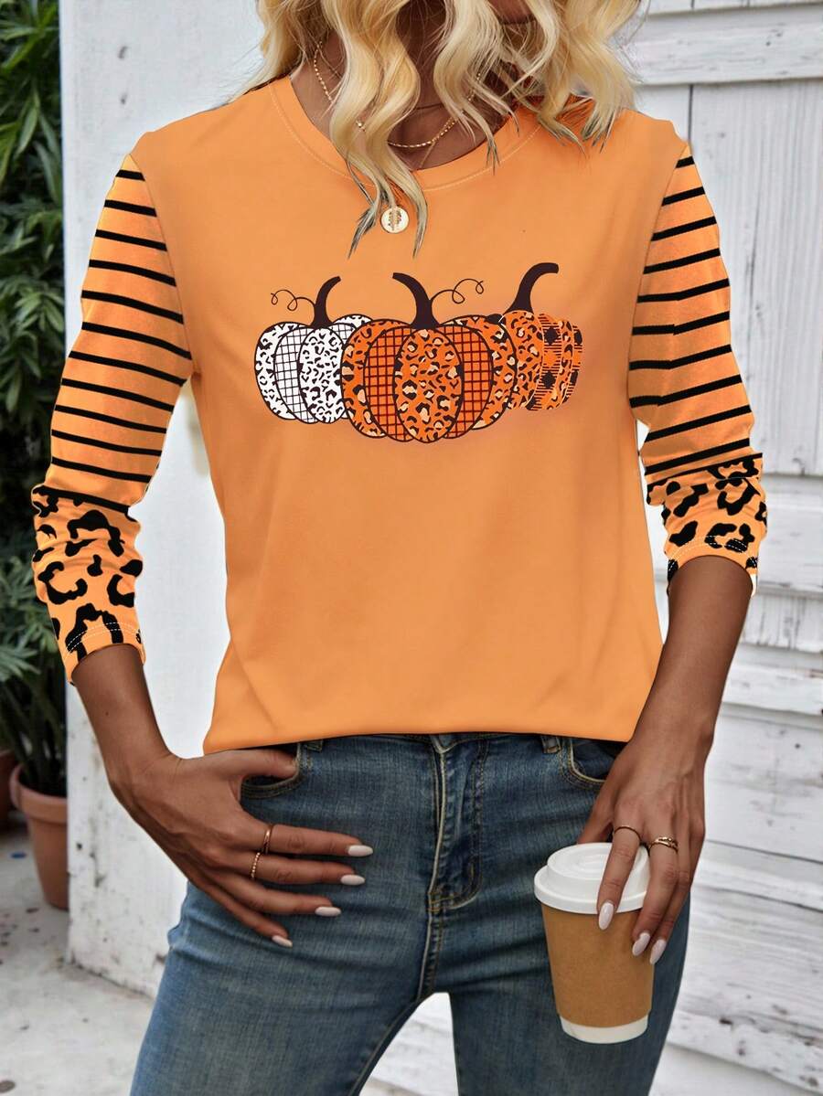 EMERY ROSE Pumpkin Leopard Print Loose Fit Casual Mid-Length Round Neck Drop Shoulder Short Sleeve T-Shirt For Women - White - View 1