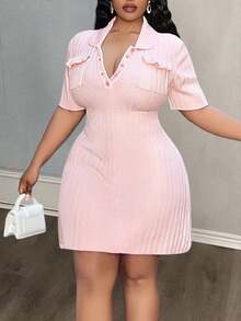 Veslaya 大码纯色极简短袖毛衣连衣裙，日常百搭粉色连衣裙，翻领连衣裙，Polo衫连衣裙，迷你连衣裙，秋冬季粉色迷你连衣裙 - 粉色 - 查看 4