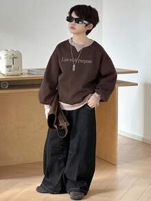 DAZY Sudadera de cuello redondo de manga larga con estampado simple de bloques de color para niños (niños grandes), otoño - Marrón - Ver 4