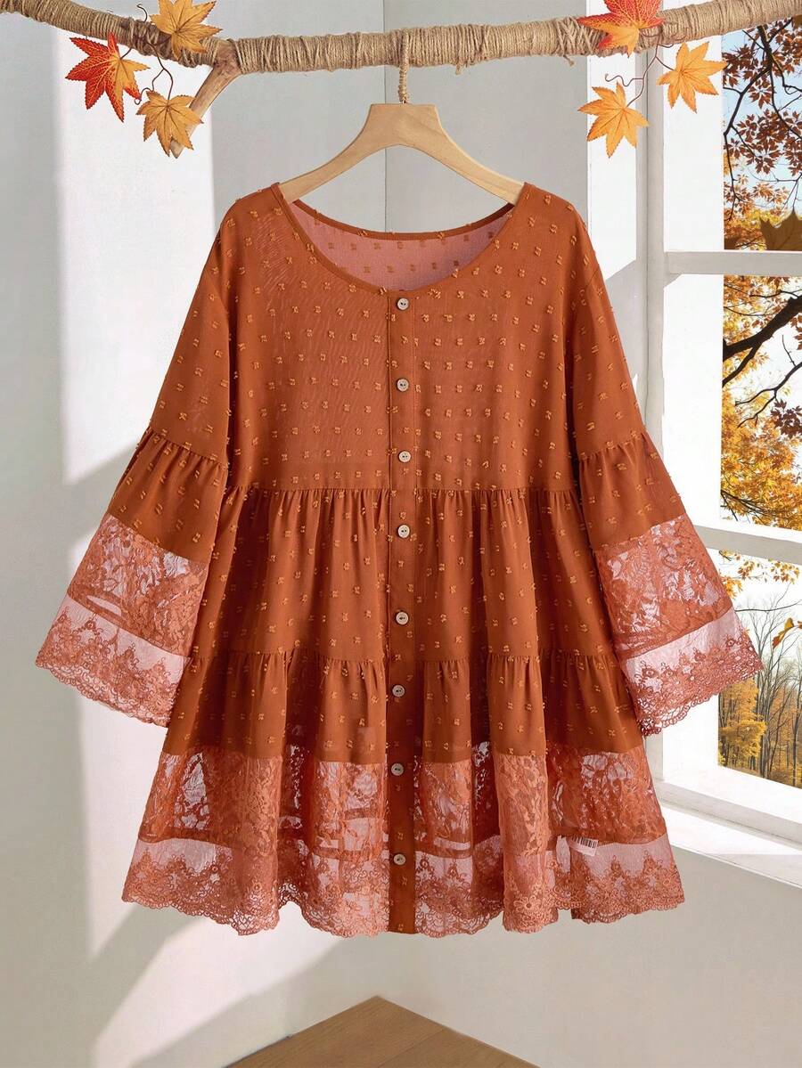 EMERY ROSE Áo cánh xếp nếp ren chắp vá màu trơn rộng rãi cho nữ cỡ lớn, mùa thu/đông, đi chơi, mới 2025, phong cách Boho, đơn giản và thời trang để mặc hàng ngày, trang phục Halloween, áo babydoll, giáng sinh cho nữ, năm mới - Màu Cam cháy - Xem 1