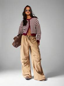 MISSGUIDED Beige Cargo Wide Leg Pants Drawstring Waist Y2K Streetwear Fall Winter Bottoms Oversized Loose Fit Fashion Aesthetic Casual Wear