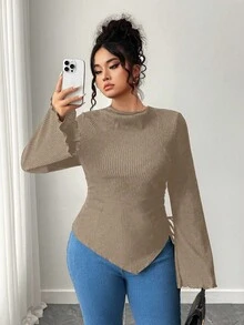 Elenzga Plus Size Casual Solid Color Asymmetric Hem Flare Sleeve T-Shirt - Khaki - View 3