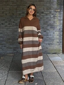 DAZY Đầm len dài cổ polo kẻ sọc dáng rộng dành cho nữ, thích hợp mặc hàng ngày vào mùa thu/đông hoặc đi nghỉ mát. - Cà phê nâu - Xem 4