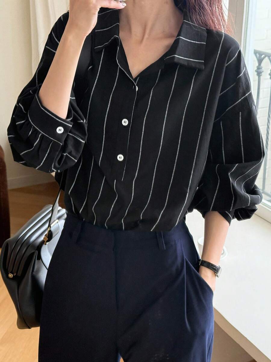 DAZY 女式条纹宽松半襟长袖校服衬衫秋季 - 黑色 - 查看 1