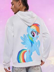My Little Pony X SHEIN 男士休闲卡通马印花落肩连帽衫，秋季