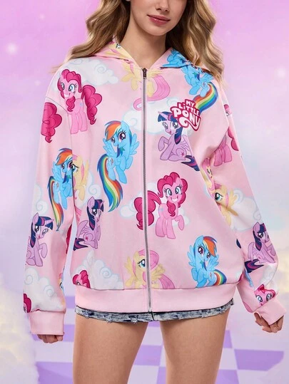 My Little Pony X SHEIN Sudadera con capucha con cremallera, de manga larga y estilo informal con estampado de dibujos animados