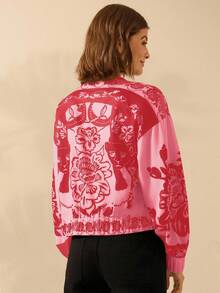 CAJUNI Women's Boho Resort Black & White Leopard, Peony Floral Print, Autumn/Winter High Neck Long Sleeve Zip-Up Lightweight Resort Jacket