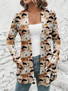 EMERY ROSE Women's Casual Graphic Print Loose Fit Long Sleeve Cardigan, Suitable For Fall/Winter - Multicolor - View 1