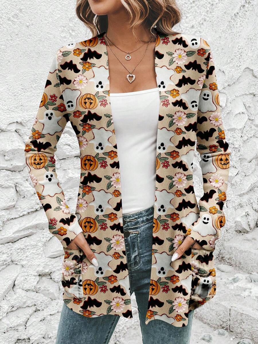 EMERY ROSE Women's Casual Graphic Print Loose Fit Long Sleeve Cardigan, Suitable For Fall/Winter - Multicolor - View 1