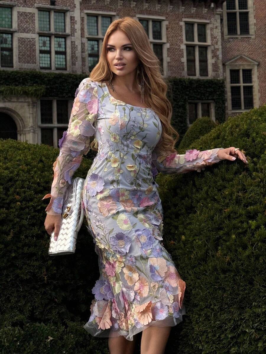 Anewsta Damen elegantes A-Linien-Kleid mit quadratischem Ausschnitt, handgestickter Blumenstickerei (asymmetrischer Schnitt) Maxikleid Damen Outfit