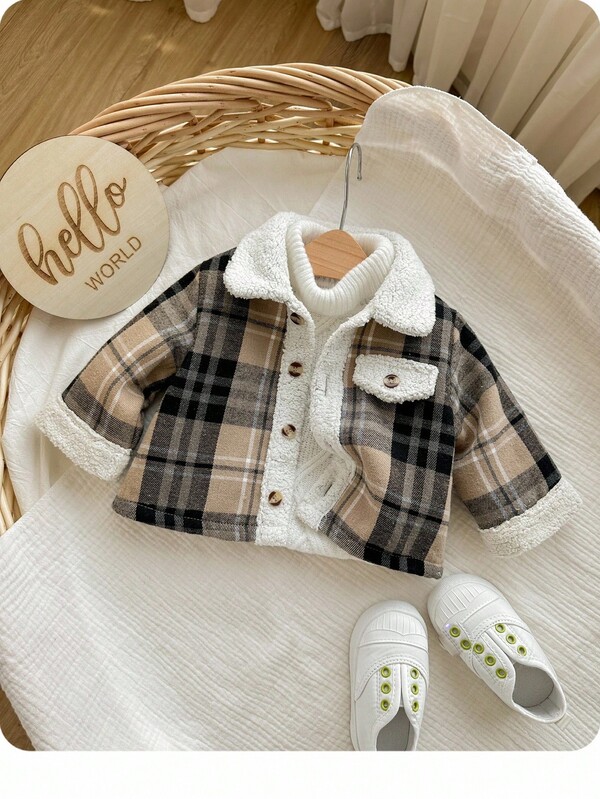 SHEIN Newborn Baby Boy Casual Cute Plaid Fleece Lined Lapel Jacket, Autumn/Winter Fall