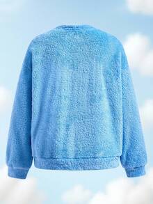 SHEIN X Care Bears 女士休闲可爱卡通熊刺绣落肩宽松泰迪羊毛套头衫，秋冬