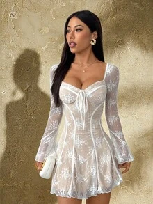 SHEIN PETITE Váy ren xếp ly kiểu bustier cho nữ, trang phục mùa hè cho nữ/trang phục mùa xuân/trang phục ngày lễ tình nhân/trang phục lễ hội/trang phục đi nghỉ biển, trang phục Nashville, váy tốt nghiệp màu trắng, váy ren trắng - trắng - Xem 3