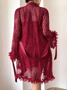 SHEIN 1 Set Plus Size Lace Robe With 3D Floral Decor + Plus Size Lace Camisole Slip Dress With Waist Cinching Design Lingerie Robe Set Burgundy Lingerie Set Lingerie With Sleeves Maroon Lingerie