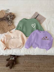 SHEIN Happikins 三件套女童休闲简约爱心图案加厚保暖长袖卫衣，适合秋冬季穿着 - 彩色 - 查看 3