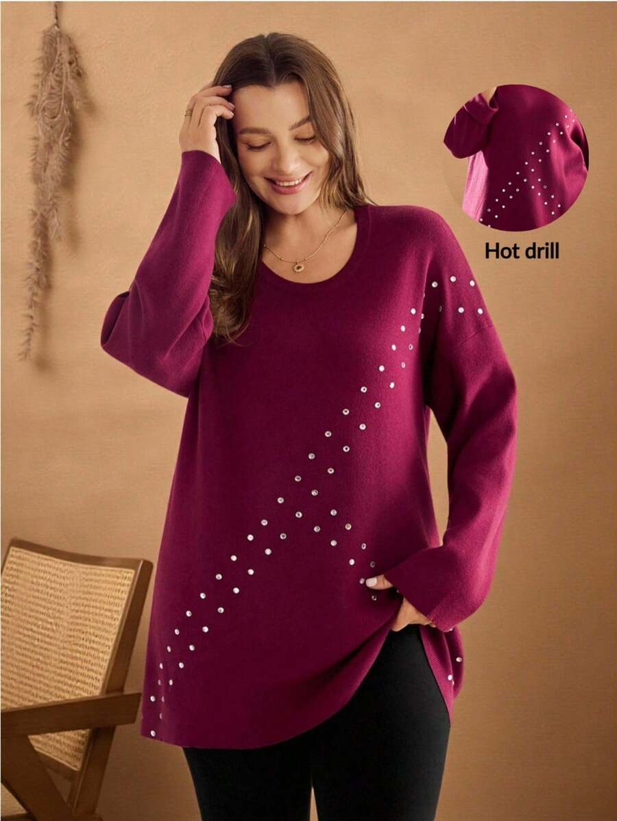 EMERY ROSE Plus Size Women's Quality Home Leisure Elegant Party Wine Red Hot Diamond Craft Decoration Round Neck Super Long Sleeve Pullover Long Sweater Fall Clothes For Women Winter Clothes