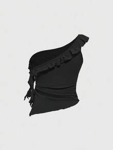 ROMWE Hippie Top con volantes estilo boho para mujer, ambiente de vacaciones - Negro - Ver 2