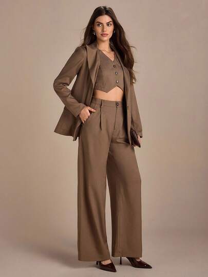CLARA VERO Women's Taupe Tailored Wide-Leg Pantsuit With Blazer And Crop Top, Sophisticated And Modern Business Attire, Elegant Style, High Quality Brown Two Piece Set Women Blazer Set For Women Pants Suit Two Piece Outfits Brown Pants Suit Brown Pant Suit Women Two Piece Brown Set