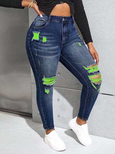 Slaydiva Jeans casuales y versátiles de talle alto con bolsillos y efecto desgastado para mujer de talla grande