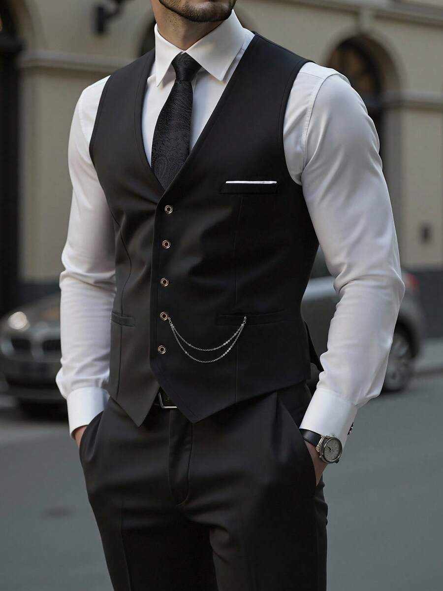 Manfinity Mode بدلة رجالية أساسية، للارتداء اليومي الكاجوال، بتصميم بريطاني، بدلة رسمية سوداء للرجال من نوع كاتسآي، بدلة 3 قطع تشمل السترة والسترة الصدرية والبنطلون للرجال