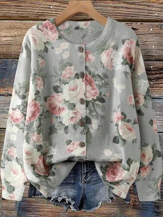 SHEIN Privé 大码女式花卉图案长袖单排扣休闲针织开衫，秋冬