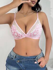 Lingerie Confortável com Recortes em Renda e Tule Rosa - Rosa chiclete - Visão 6