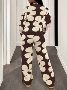 BamGleam 2件套女士休闲花卉图案针织毛衣和裤子套装，秋冬