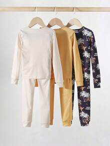 3 件套男童恐龙印花紧身睡衣套装，包括恐龙全身印花套装、黄色恐龙图案 T 恤和米色恐龙套装，舒适的弹力面料，时尚个性化风格 - 彩色 - 查看 2