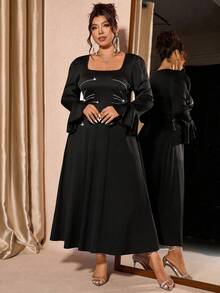 Cravure Plus Size Women's Rhinestone Embellished Flare Sleeve Dress, French Elegant Party & Everyday Wear - Black - View 5
