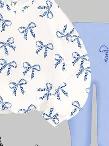 SHEIN 2 件奶油白色和奶油蓝色复古豹纹蝴蝶结印花少女休闲圆领舒适长袖运动衫和紧身裤套装，适合秋冬季，外出服装，轻松舒适，儿童秋季分层，时尚儿童，休闲装，儿童图案服装，返校，秋季服装，返校节，适合户外野餐、郊游、街头摄影、居家、校园、Chill Chill - 彩色 - 查看 5