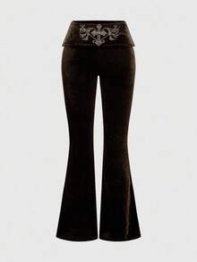 ROMWE Grunge Punk Y2K Velvet Crop Top Hoodie & Flare Pants 2 Pieces Set For Women - Coffee Brown - View 3